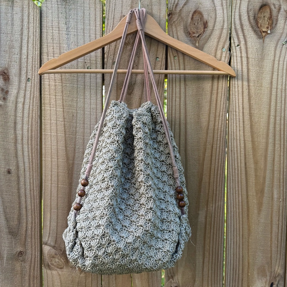 Neutral Crochet Drawstring Shoulder Bag with Wood Beads